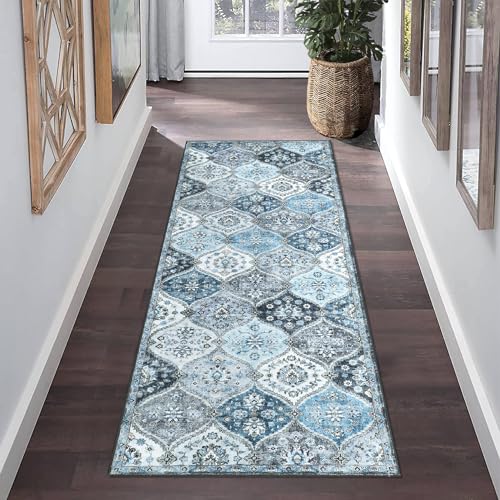 ROYHOME Runner Rug 2x10 Washable Moroccan Trellis Hallway Runner Rug | Stain Resistant Non-Slip Floor Cover Vintage Distressed Entrance Carpet for Laundry Kitchen Entryway Bedroom, Blue/Grey - color: Blue/Grey, size: 2' x 10' (Rectangular)