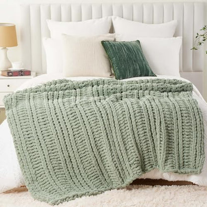 Battilo Chunky Knit Throw Blanket for Couch, 50"x60", Sage Green | Sage Blanket Hand Knit Cozy Warm Thick Soft Chenille Throw Blanket for Bed, Sofa, Chair, Living Room - color: Sage Green