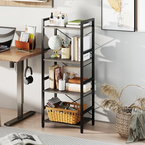 Giantex 4-Tier Bookshelf, Narrow Freestanding Display Shelf with Metal Frame & Wooden Storage Racks, Industrial Bookcase Organizer for Living Room, Study, Office, Grey Oak & Black - color: Grey Oak, size: 4-Tier (1 Pack)