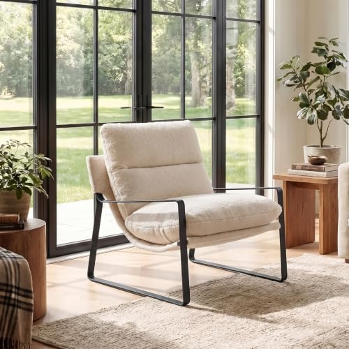 1-Pack Modern Accent Chair, Sherpa Living Room Chair, White | Comfy Armchairs, Upholstered Lounge Armchair, Removable Seat Cushion, Black Metal Frame, For Reading Room, Bedroom, Balcony - color: White, size: 1PC