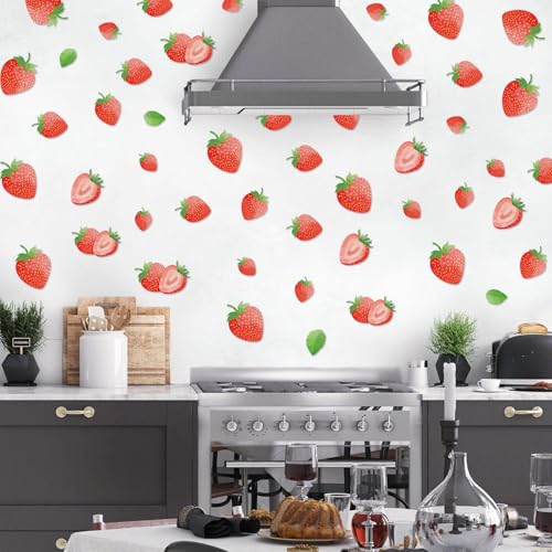 AOWDIAO 80 Pcs Strawberry Wall Decals – Peel and Stick for Bedroom, Kitchen, Bathroom & Nursery – Cute Strawberry Decor for Home & Party - style: Strawberry