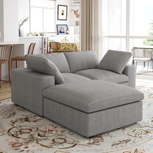 79" Cloud Modular Sofa, Convertible Modular Loveseat Couch with Storage Ottoman, Cotton Linen Fabric Sofa for Living Room, Apartment and Bedroom, Removable Covers, 2 Pillows, Grey - color: Grey, size: LoveSeat+1 Ottoman