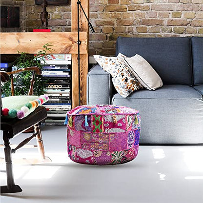 Indian Pouf Footstool Ethnic Embroidered Pouf, Indian Cotton Round Pouffe Ottoman - Cover Only (Pink, 18x13) - color: Pink, size: 13"D x 13"W x 18"H