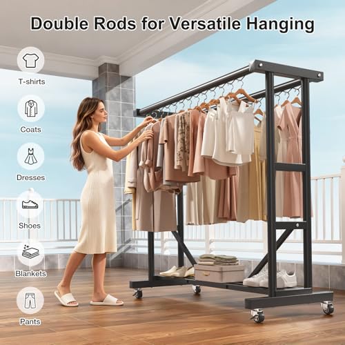 Heavy Duty Clothes Rack, Thickened Stainless Steel Frame, Black | Thickened stainless steel frame, high load capacity, home & commercial, rust-resistant, stable without wobbling - color: Black