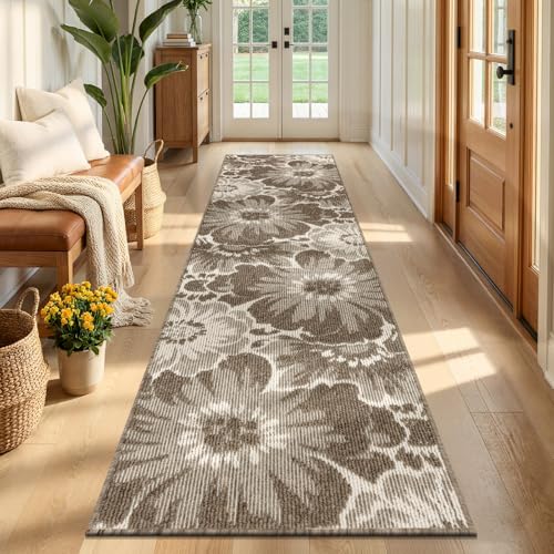 Findosom Hallway Runner Rug 2x8, Non Slip High-Low Textured Floral Washable Runner Rug with Rubber Backing, Boho Carpet Runner for Kitchen, Entryway, Bedroom, Laundry, Brown - color: Brown, size: 2' x 8'