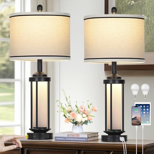 Rinweey Table Lamps Set of 2, Black Farmhouse Rustic Industrial Table Lamp with USB A+C Ports & AC Outlet, 26" Modern Bedside Lamps with LED Night Light & Linen Fabric Lampshade, Lamps for Bedroom - color: Black-5
