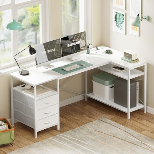Huuger L Shaped Office Desk with Power Outlets & 3 Drawers | 55 Inch Computer Desk with Shelves, Reverisble for Gaming Corner Work Home Office Study, White - color: White, size: 55inch