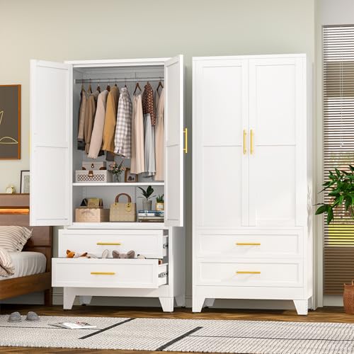 RIETERN Metal Armoire Wardrobe Closet, 71" Tall White Bedroom Closet | with 2 Drawers, Adjustable Shelves, and Hanging Rod, Steel clothes closets and Storage, for Bedroom - color: No Mirror-white, size: 2 Drawers