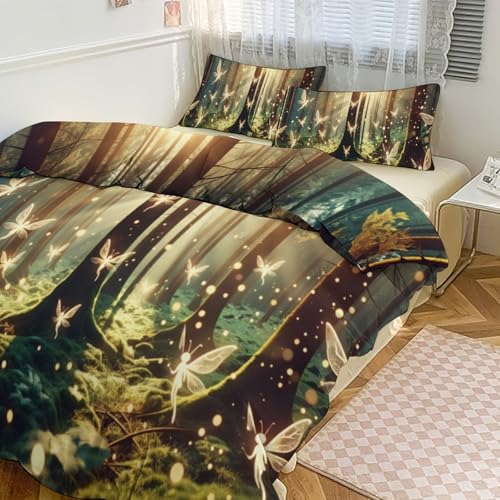 Enchanted Forest 3 Piece Reversible Bedding Set 86"x70",Double Sided Brushed Microfiber Duvet Cover Set with 2 Pillowcases Soft Breathable Comforter Cover for Home - color: Enchanted Forest-1, size: 86"x70"