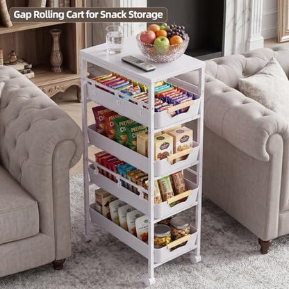 5 Tier Slim Rolling Storage Cart with Pull-Out Drawers, White | Narrow Utility Organizer Cart, Wooden Top, Wheels, For Small Spaces, Kitchen, Bathroom, Laundry Room - color: White