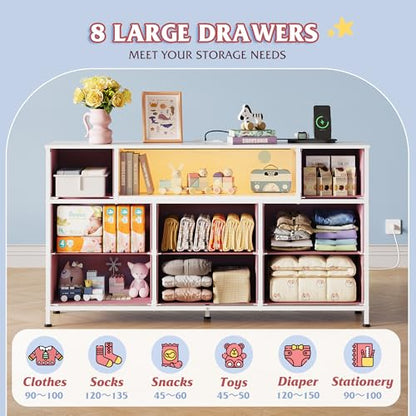 WLIVE LED Dresser TV Stand for 55 Inch TV, 8 Drawers, Pink | Fits TVs up to 55 inch, 8 fabric drawers, LED chest of drawers, Built-in power outlet, Living room or bedroom - color: A-pink