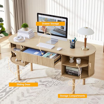 Home Office Oval Desk with Sliding Tambour Door and Drawer, Modern Fluted Wood Executive Computer Storage Desk for Study, Living Room, Bedroom, Office - Natural - color: Natural