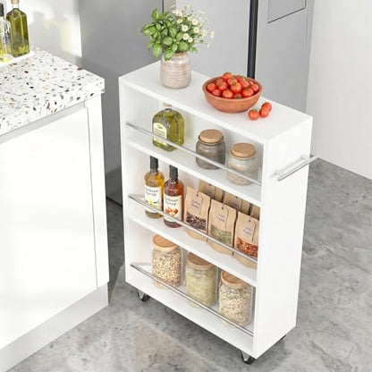 ALBAD Slim Rolling Cart,4-Tier Storage Cart with Wheels,7.9”W Slim Storage Cart with Handle for Kitchen Laundry Narrow Places Bathroom Dining Room Small Spaces | 4 adjustable MDF shelves (20 lbs each), 360° casters + side handle, Fits kitchen, laundry, ba