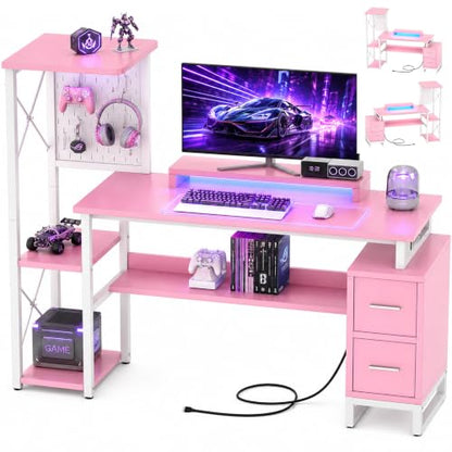 Computer Desk with 2 Fabric Drawers - Reversible Home Office Desk with Power Outlet & LED Lights, 53" Writing Desk with Monitor Stand & Storage Shelves, Gaming Desk Study Table with Pegboard, Pink - color: Pink