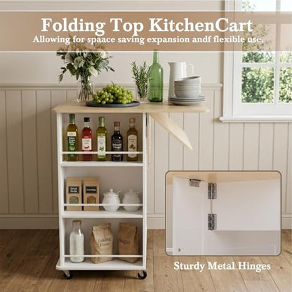 Faesun Kitchen Island on Wheels with Storage, Portable Kitchen Cart with Foldable Drop Leaf & Adjustable Shelves, Rolling Kitchen Island Cabinet with Spice Rack & 5 Casters, FSC Wood, White