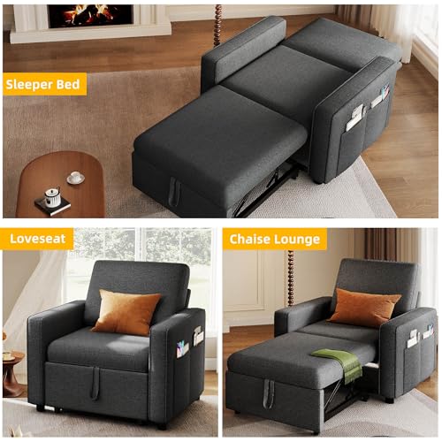 YITAHOME Convertible Sofa Chair Bed | 3-in-1 Sleeper Sofa with Pull-Out Bed, Linen Fabric Single Sleeper Chair with Reclining Backrest and Wide Armrest, Modern - color: Grey, size: 74.8 x 35.8in