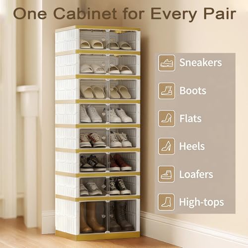 SYNCVIBE Foldable Shoe Rack, 9-Tier, 18 Pairs, 17.3" Wide, White Gold | Foldable Shoe Organizer, Collapsible Shoe Cabinet with Doors, Stackable Shoe Shelves for Closet, Entryway and Living Room - size: 9 Tiers -18 Pairs White Gold