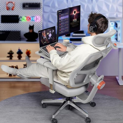 Ergonomic Office Chair-Home Office Desk Chair with Footrest, Auto-Following Backrest & Headrest, 4D Armrests, 96°-136° Recline - color: Grey, size: Laptop Table + Auto-following Headrest