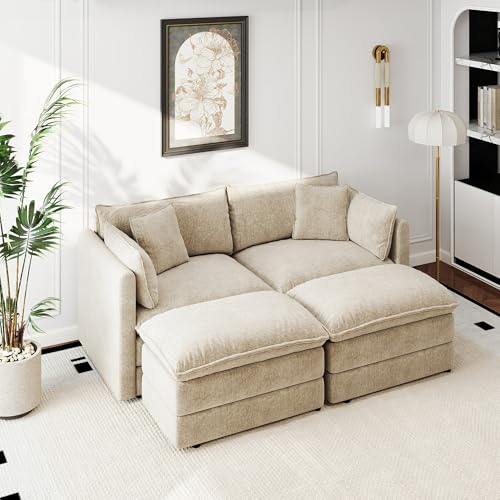 Aoowow Modular Sectional Sofa Modern Convertible Loveseat Couch,77.16 Inch Deep 2-Seater Sofas Comfy Chenille Cloud Sofas and Couches Set with 2 Movable Ottoman for Living Room Apartment（Camel） - color: Camel, size: 2 Seat + 2 Ottoman