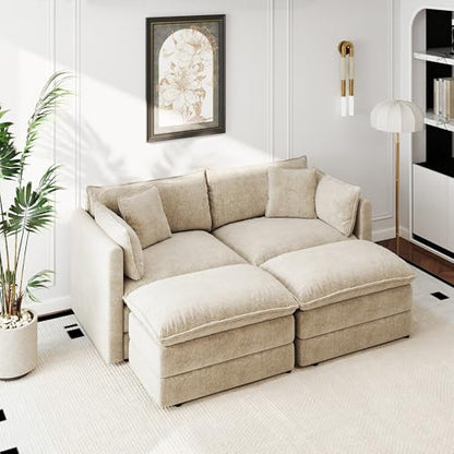Aoowow Modular Sectional Sofa Modern Convertible Loveseat Couch,77.16 Inch Deep 2-Seater Sofas Comfy Chenille Cloud Sofas and Couches Set with 2 Movable Ottoman for Living Room Apartment（Camel） - color: Camel, size: 2 Seat + 2 Ottoman