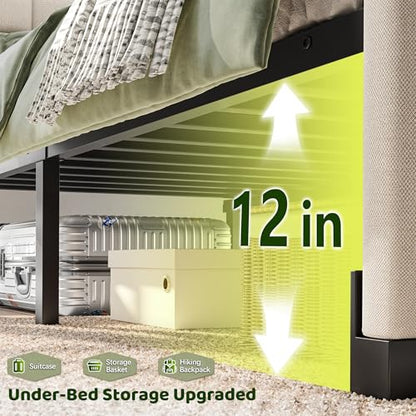 EnHomee Full Upholstered Bed Frame with Charge Station & LED Lights, Beige | 2-Tier Shelves Headboard, 12" Under-Bed Storage Space, Noise-Free, No Box Spring Needed, Easy Assembly - color: Beige, size: Full