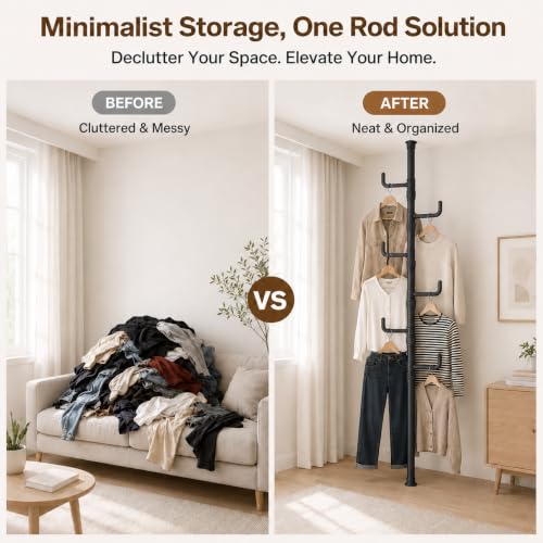 Floor to Ceiling Clothes Drying Rack, Adjustable Tension Pole Laundry Rack for Balcony. Vertical Coat Hanger Stand for Bathroom Bedroom, No Drilling Easy Install Space Saving (Black) - color: Black