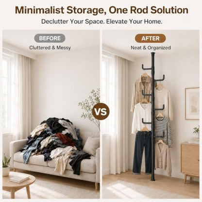 Floor to Ceiling Clothes Drying Rack, Adjustable Tension Pole Laundry Rack for Balcony. Vertical Coat Hanger Stand for Bathroom Bedroom, No Drilling Easy Install Space Saving (Black) - color: Black