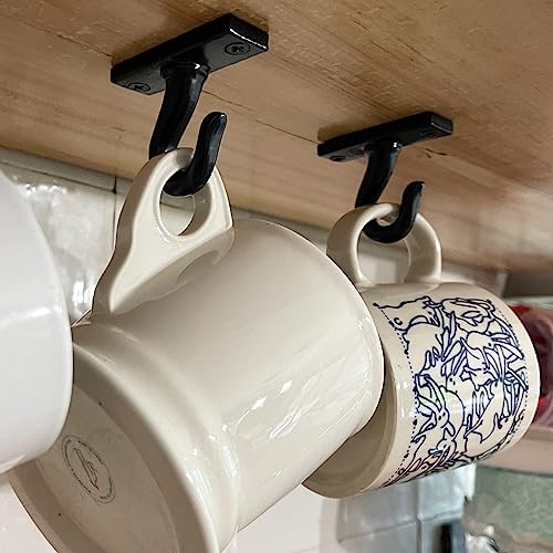 2.5”-Under Cabinet or Shelf Coffee Mug Holder – Cup Hooks Separator – Decorative Black Iron Hangers - Create Rack Under Counter or Wall – Cups, Keys, & Utensils (4-Hooks)