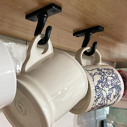 2.5”-Under Cabinet or Shelf Coffee Mug Holder – Cup Hooks Separator – Decorative Black Iron Hangers - Create Rack Under Counter or Wall – Cups, Keys, & Utensils (4-Hooks)