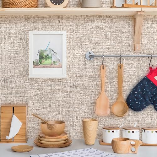 Khaki Grasscloth Peel and Stick Wallpaper 17.3"x160" Faux Linen Textured Contact Paper Removable Self Adhesive Vinyl Wallpaper for Bedroom Bathroom Kitchen Cabinets - color: Khaki, size: 17.3" x 160"