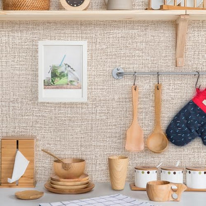 Khaki Grasscloth Peel and Stick Wallpaper 17.3"x160" Faux Linen Textured Contact Paper Removable Self Adhesive Vinyl Wallpaper for Bedroom Bathroom Kitchen Cabinets - color: Khaki, size: 17.3" x 160"