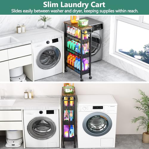 Vivihomety 4-Tier Slim Utility Rolling Laundry Cart with Wheels, Metal | Narrow 7.1" wide, Lockable wheels, wood top panel, metal frame, with handle, for laundry, bathroom, kitchen, black - color: Black, size: 7.1 inch wide
