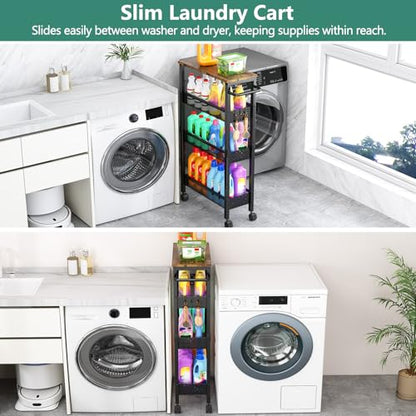 Vivihomety 4-Tier Slim Utility Rolling Laundry Cart with Wheels, Metal | Narrow 7.1" wide, Lockable wheels, wood top panel, metal frame, with handle, for laundry, bathroom, kitchen, black - color: Black, size: 7.1 inch wide