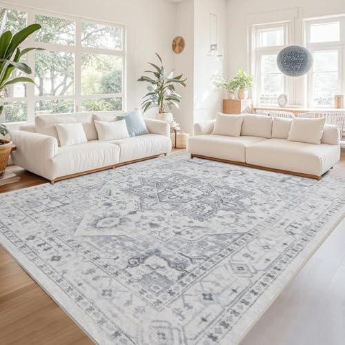 Washable Rugs 6x9 Area Rugs for Living Room,Bedroom,Dining Room,Playroom | Ultra Soft Faux Wool,Kids&Pet Friendly,Machine Washable,Non-Slip&Non-Shedding,Large Low Pile Vintage Carpets for Home Office - color: Grey/Cream/White/Light Blue, size: 6' x 9' (Re