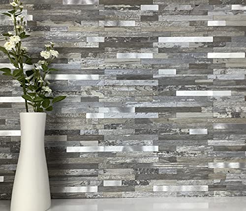 DICOFUN 10-Sheet Peel and Stick Backsplash Wall Tile, PVC Kitchen Backsplash Peel and Stick in Distressed Wood, 9.4 sq.ft - color: Distressed Wood and Metal Silver, size: 10 Sheets, 12’’x12’’x0.12’’