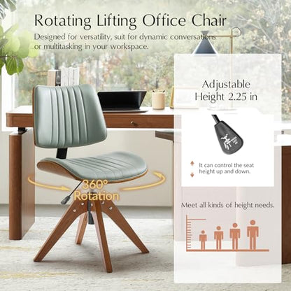 HULALA HOME Faux Leather Home Office Desk Chair No Wheels, Sage | Mid-Century Modern Desk Chair with Wood Legs, 360° Swivel Computer Task Chair with Channel-Tufted Backrest, Height Adjustable - color: Sage