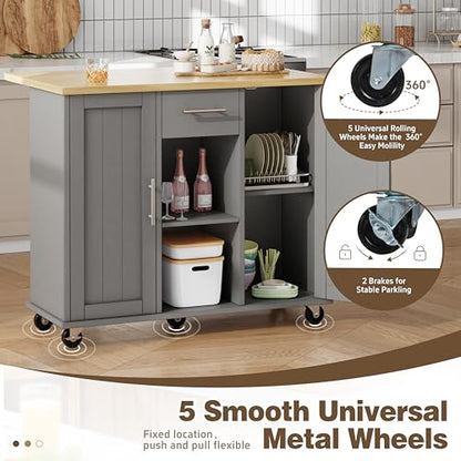 Shintenchi Kitchen Island with Storage, Bar Cart Cabinet Island Table on Wheels, Rolling Microwave Cart for Kitchen with Drop Leaf, Drawers, Towel Rack, Seating Area for Dining Room, Gray - color: Gray-42 Inch