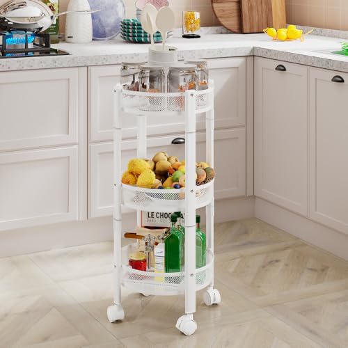 No Assemble 3 Tier Rolling Storage cart, Folding Utility cart with 2 Lockable Wheels, Multifunction Storage Organizer, Perfect for Bathroom, Kitchen, Snack, Craft (White)
