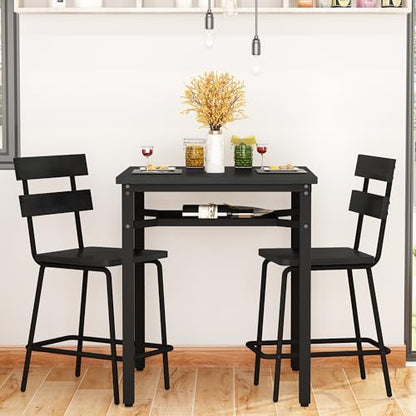Hooseng 3 Piece Bar Table and Chairs Set, Counter Height Small Dining Table with 2 Bar Stools, Farmhouse Square Kitchen Table with Storage for Bistro, Pub, Small Space - color: Black