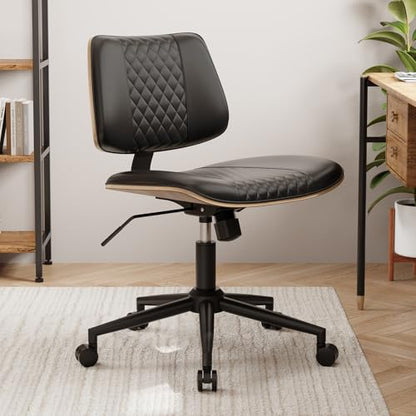 Modern Armless Office Chair with Wheels, Wide Seat Walnut, Black | Adjustable Swivel Desk Chair with Mid Back & Tilt Function, Faux PU Leather Mid Century Modern Task Office Chair, 300LBS Cap - color: Black, size: MCM Style Wide Seat