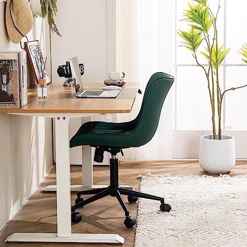YOUTASTE Dark Green Armless Office Chair, Modern Adjustable Swivel Desk Chair with Wheels, Upholstered PU Leather, Black Metal Legs, Back Support for Home Office, Study, Vanity, Bedroom - color: Dark Green