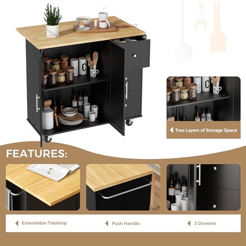 JY QAQA 40" Kitchen Island Cart Furniture cart on Wheels Rolling Portable Dining Room Serving Utility Carts Mobile Movable with Drawers Cabinet,Black - color: Black, size: 40-IN