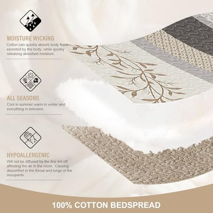 Oversized King Bedspreads 128x120, Reversible XL Bed Spread | 100% Cotton Extra Large Quilt Comforter, Farmhouse Botanical Pattern, Lightweight Bedding Set with 2 Shams, Khaki/Beige - color: Khaki/Beige/Gray, size: Oversized King Plus(128"x120")