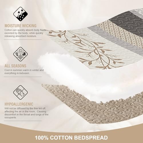 Oversized Queen Bedspreads 102x120, Reversible XL Bed Spread | 100% Cotton Extra Large Quilt Comforter, Farmhouse Botanical Pattern, Lightweight Bedding Set with 2 Shams, Khaki/Beige - color: Khaki/Beige/Gray, size: Oversized Queen(120"x102")