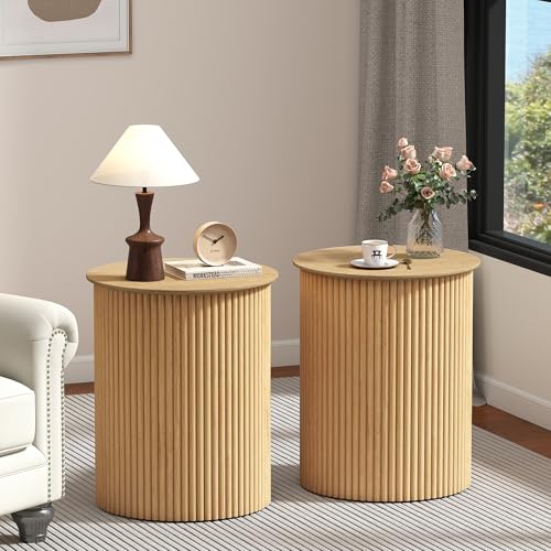 Round Fluted Side Table Set of 2, 17.7" Mid-Century Modern End Tables, Wooden Bedside Table Round Nightstand Small Circle Sofa Accent Table for Living Room, Bedroom Home(Natural) - color: Natural, size: 17.7"D x 17.7"W x 21.6"H