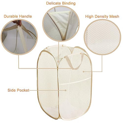 Pop Up Laundry Basket Folding Laundry Hamper Mesh Hamper Storage Bin | Beige Collapsible Laundry Basket Side Pocket Foldable Space Saving Laundry Bag for College Dorms, Travelling, Cruise, Camping - color: Beige