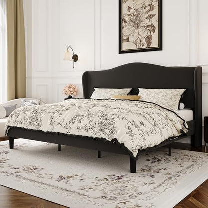 SHA CERLIN King Size Bed Frame with Curved Wingback Headboard, Soft Black | Modern Luxury Design Velvet Platform Bed with Sturdy Wooden Slats,Noise-Free, No Box Spring Needed, Easy Assembly - color: Soft Black, size: King