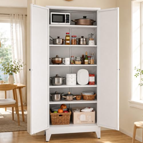 AQY Metal Pantry Cabinet, 75" White Kitchen Storage Cabinet with Doors | 5 Adjustable Shelves Ventilated Metal Cabinet Hanging Hooks Freestanding Kitchen Storage - color: White, style: H75" - 2 Doors Hooks & Vents