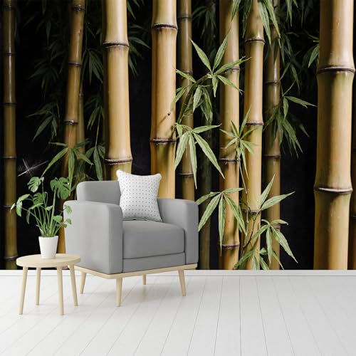 Custom Size Wall Murals, Light Brown Bamboo Stalks & Green Leaves Scene, Self-Adhesive Removable Wall Covering Fabric, Large Photo Wallpaper for Living Room Bedroom Kitchen Office Kids