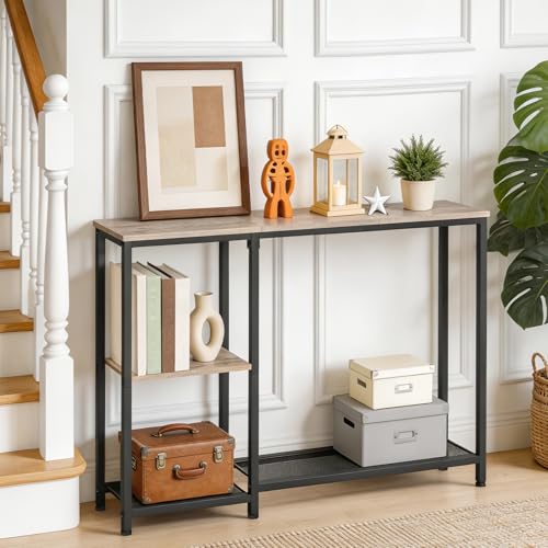 HOOBRO Narrow Console Table, Sofa Table, 44.9" Skinny Entryway Table, Long Behind Couch Table with Storage Shelves, for Living Room, Foyer, Hallway, Greige and Black BG86XG01 - color: Greige + Black